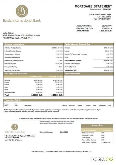 Modèle Word et PDF de relevé hypothécaire de la Lettonie Baltic International Bank SE